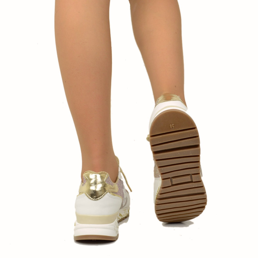 Women's Sneakers in White Leather with Pink Glitter Made in Italy - 5