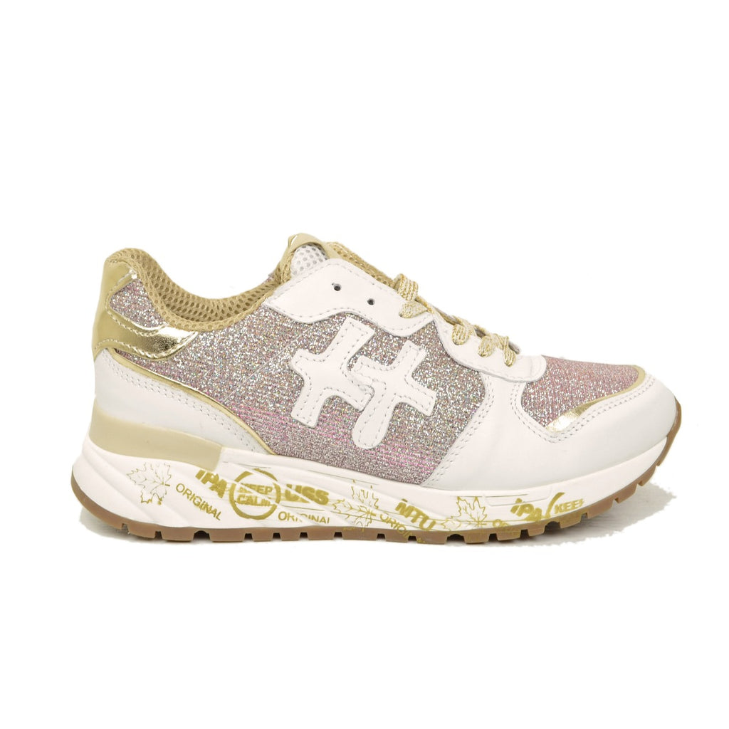Women's Sneakers in White Leather with Pink Glitter Made in Italy - 2