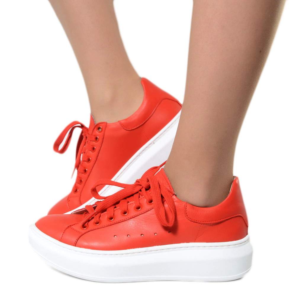 Women's Red Sneakers with Laces Oversize Sole Made in Italy