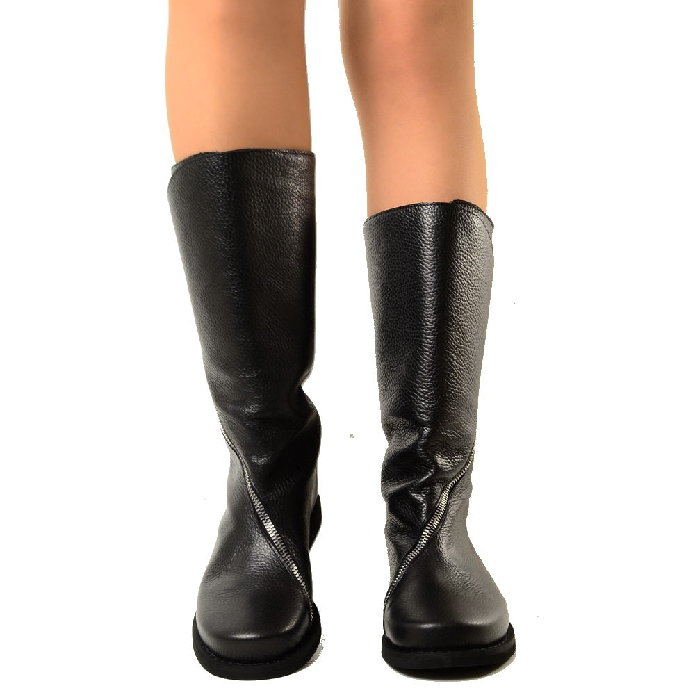 Stivali Donna Apribili al Polpaccio in Vera Pelle con Zip Lunga - 4