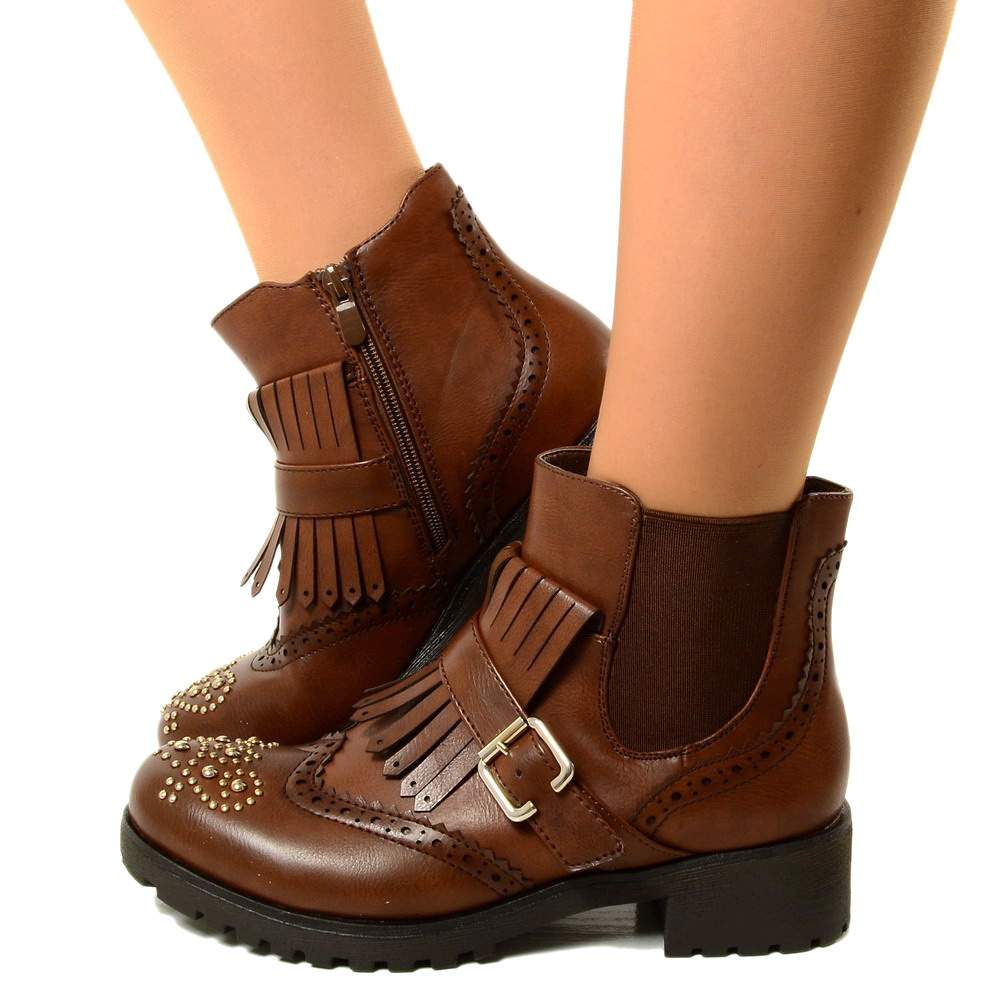 Brown Women's Ankle Boots with Elasticated Inserts and Fringes