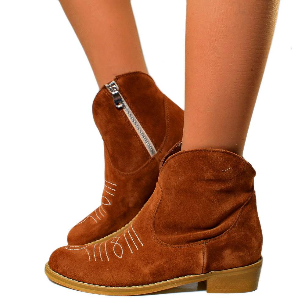 Women's Brown Suede Texan Ankle Boots Made in Italy