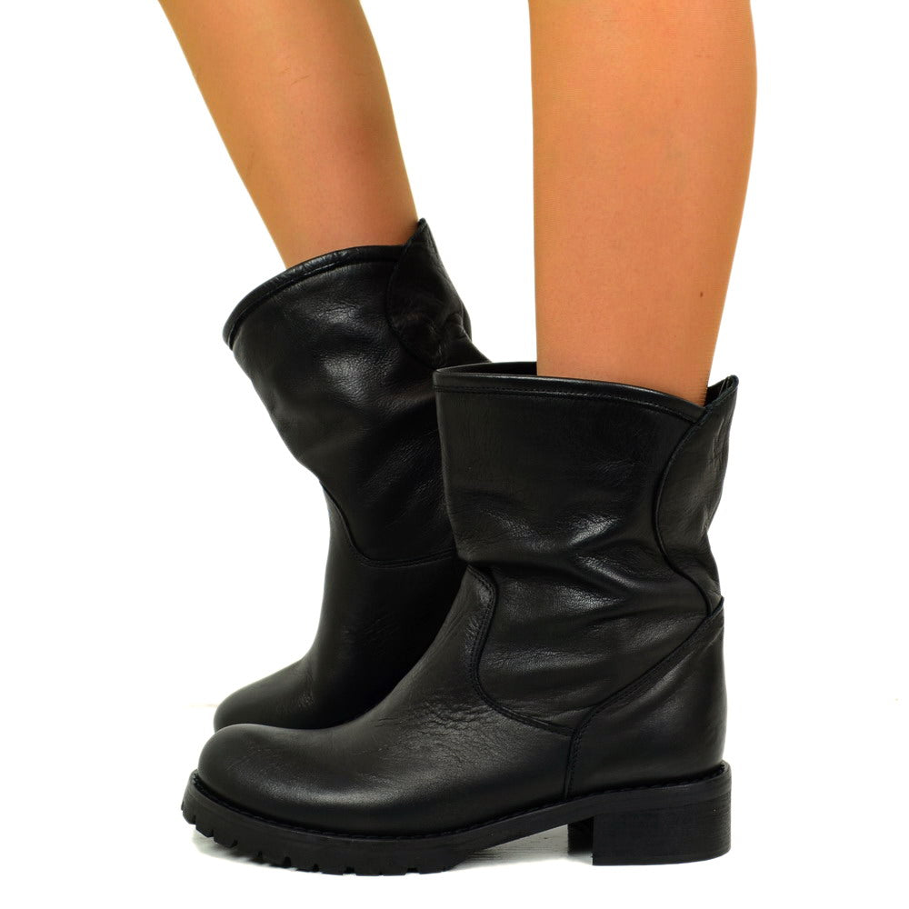 Women's Classic Black Biker Boots in Leather Made in Italy