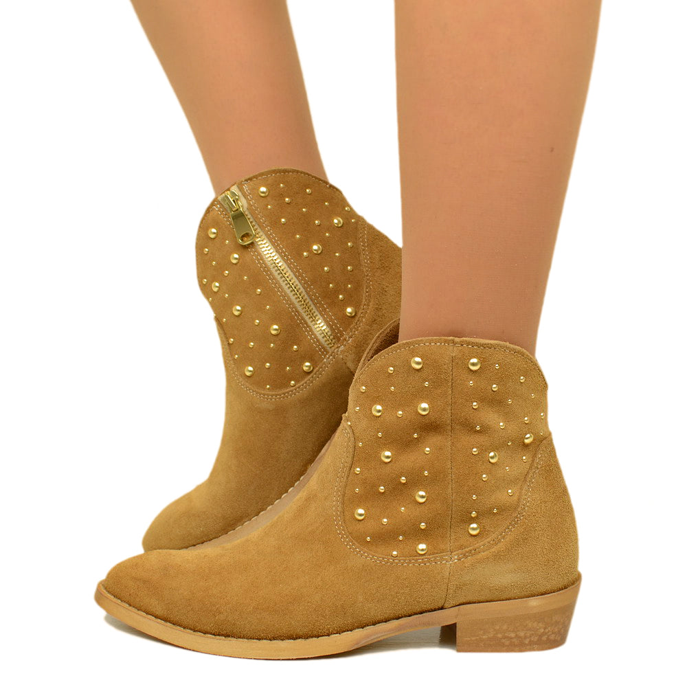 Beige Suede Texan Ankle Boots with Studs Made in Italy - 3