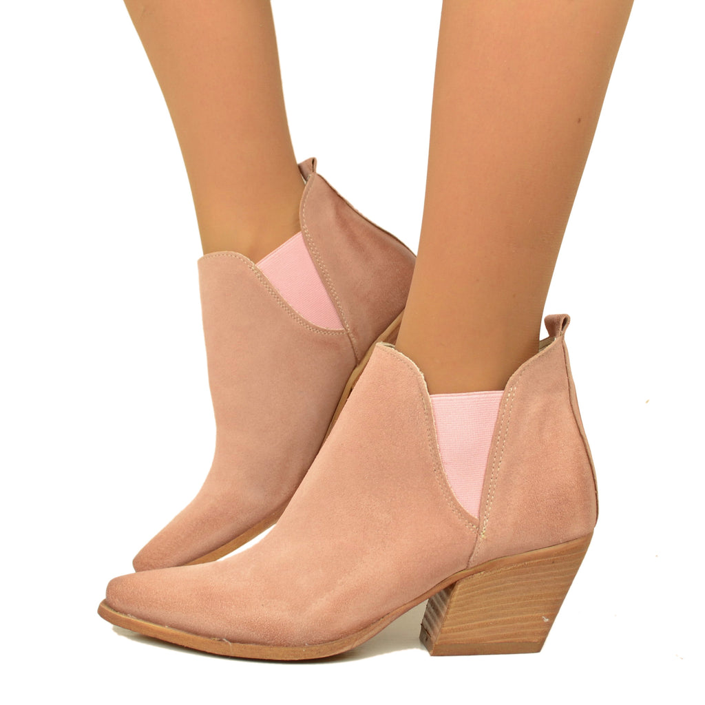 Women's Texan Stretch Ankle Boots in Pink Suede Leather
