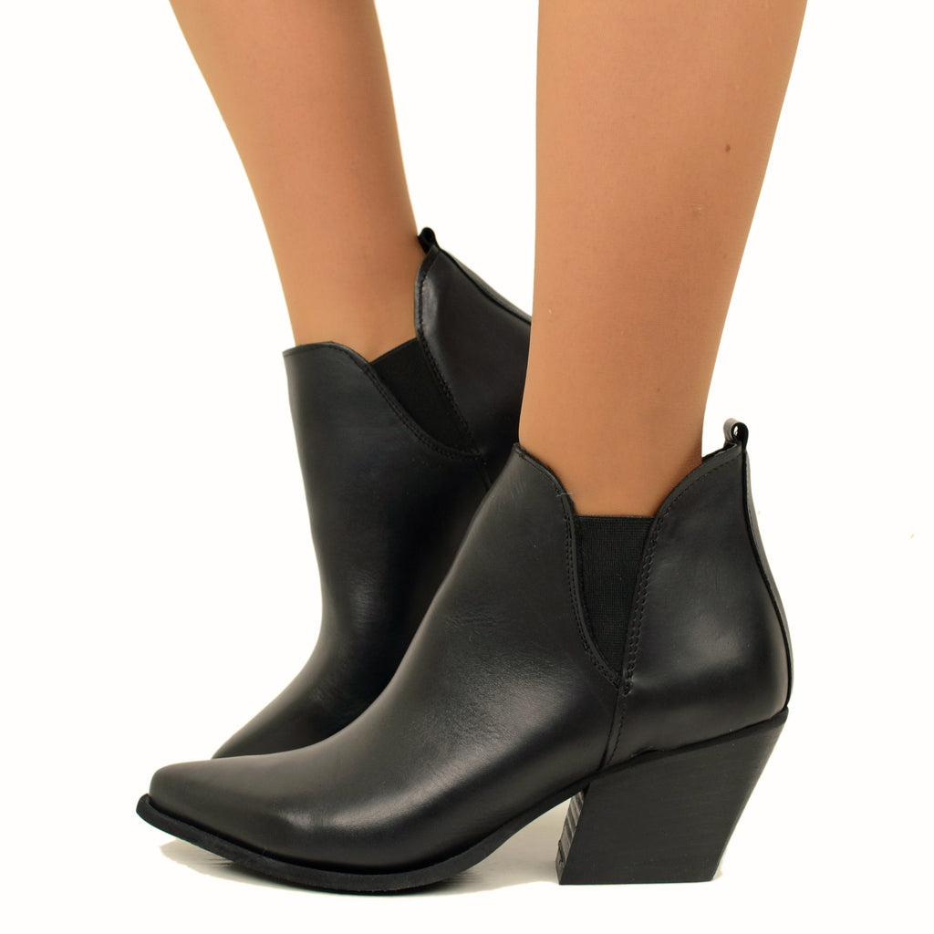 Black Stretch Leather Texan Ankle Boots Made in Italy