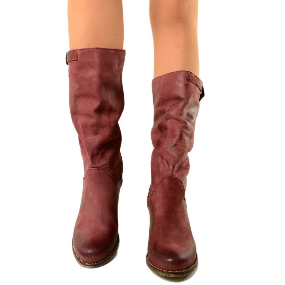 Stivali Biker con Tacco Medio Gambale in Vera Pelle Nabuk Bordeaux - 2