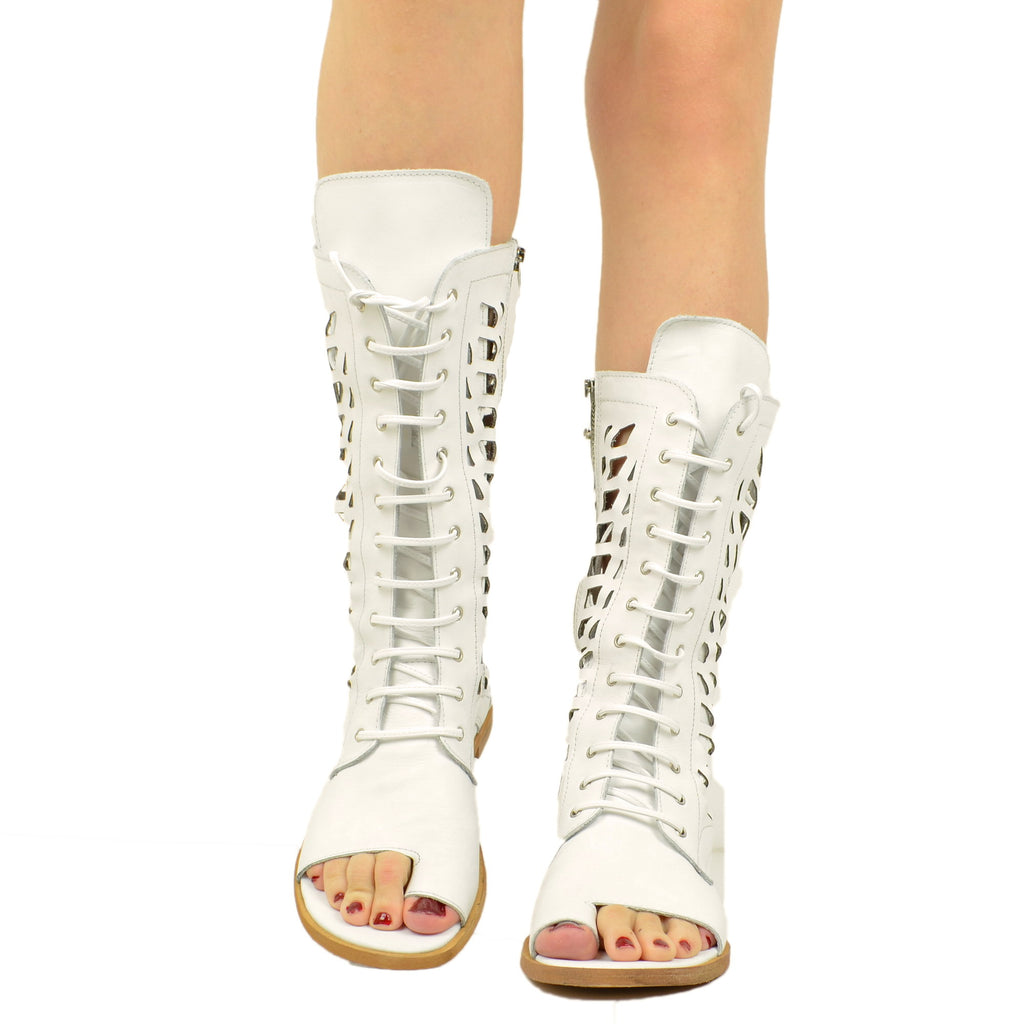 White Flip Flop Sandals in Perforated Leather with Zip - 4