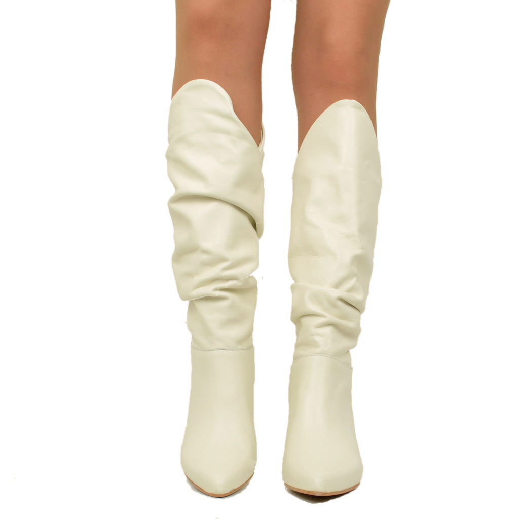 White Women's Boots with Spool Heel in Leather Made in Italy - 3