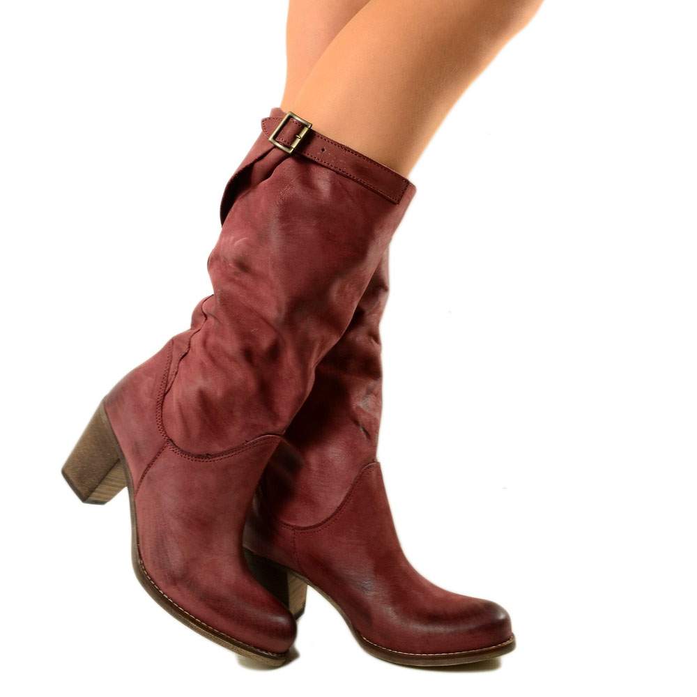Stivali Biker con Tacco Medio Gambale in Vera Pelle Nabuk Bordeaux - 5