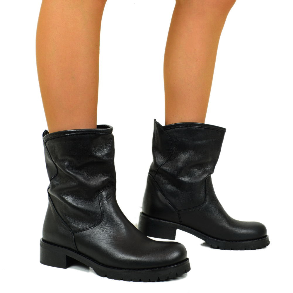 Women's Classic Black Biker Boots in Leather Made in Italy - 5