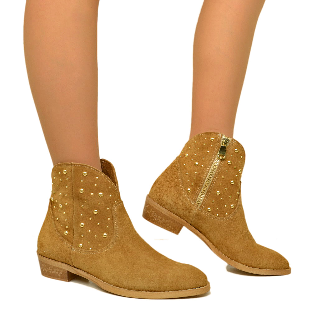 Beige Suede Texan Ankle Boots with Studs Made in Italy - 4