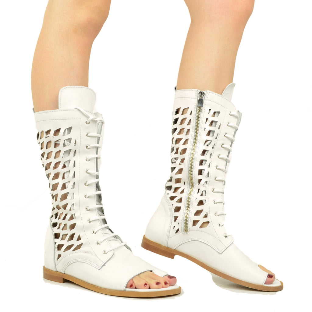 White Flip Flop Sandals in Perforated Leather with Zip - 3