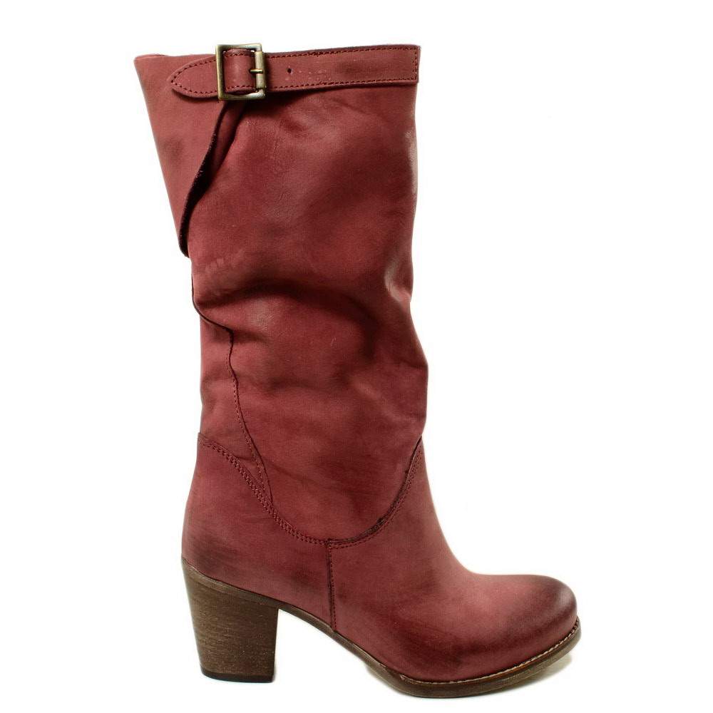 Stivali Biker con Tacco Medio Gambale in Vera Pelle Nabuk Bordeaux - 3
