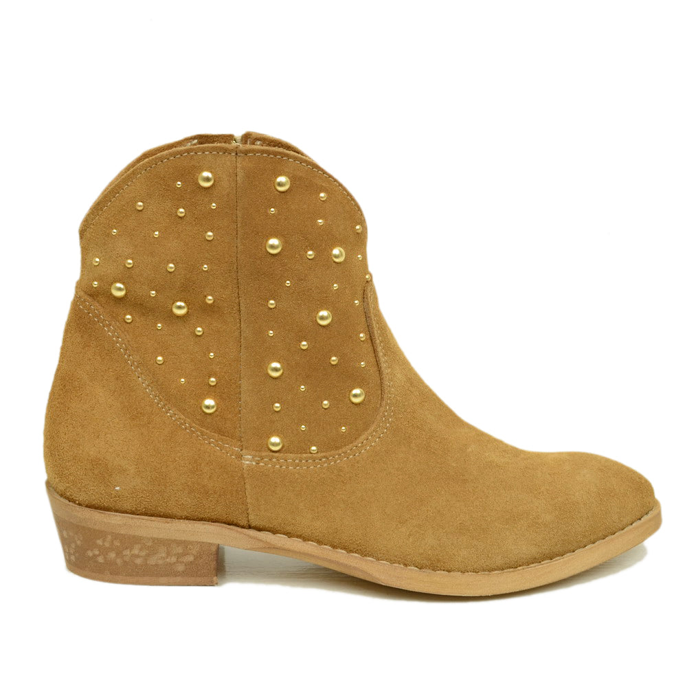 Beige Suede Texan Ankle Boots with Studs Made in Italy - 2