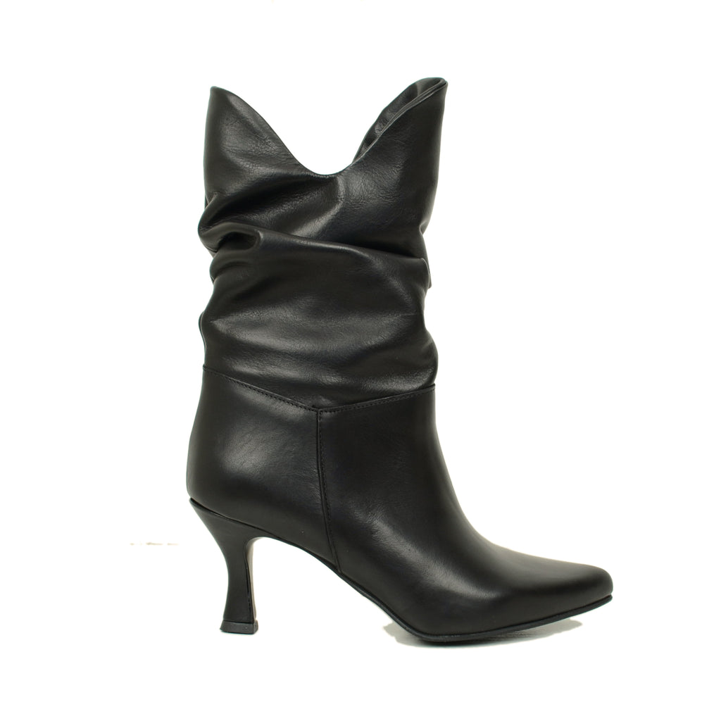 Women's Ankle Boots with Spool Heel in Black Leather Made in Italy - 2