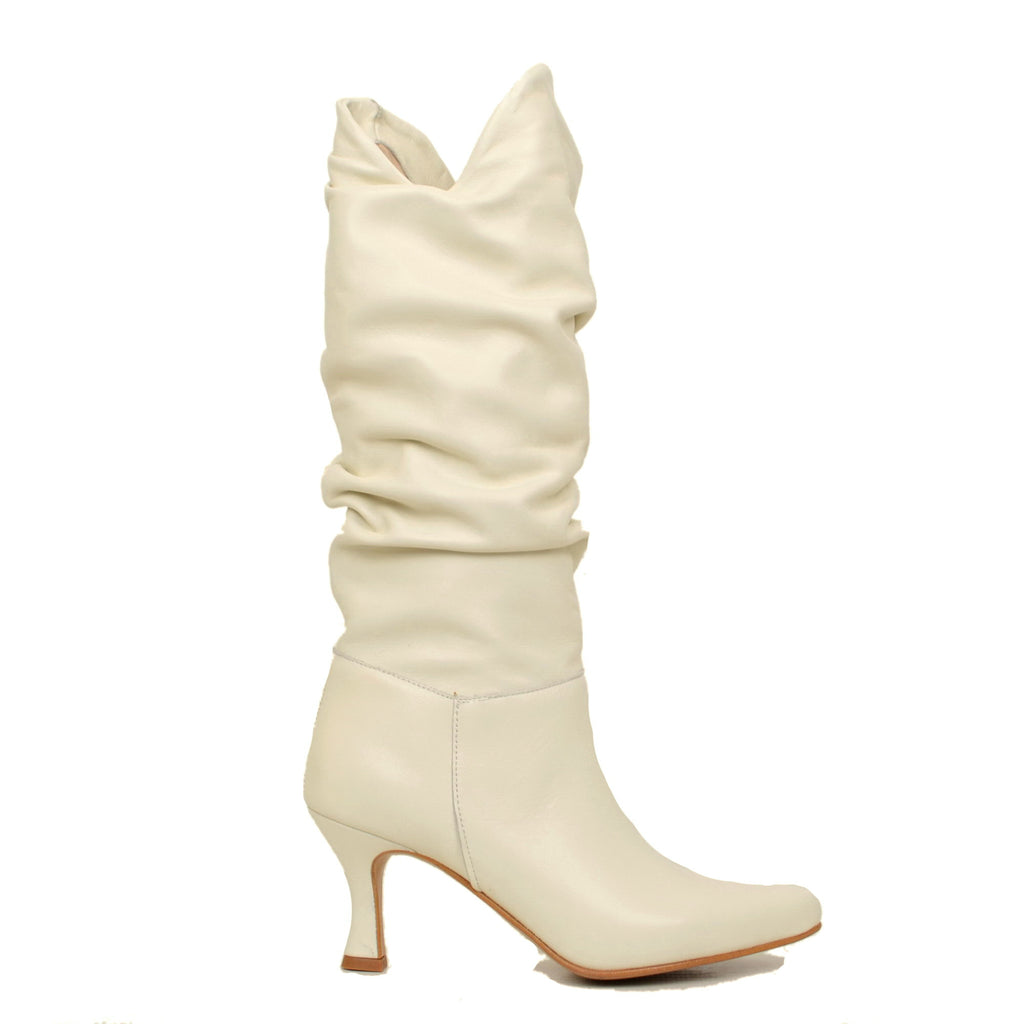 White Women's Boots with Spool Heel in Leather Made in Italy - 2