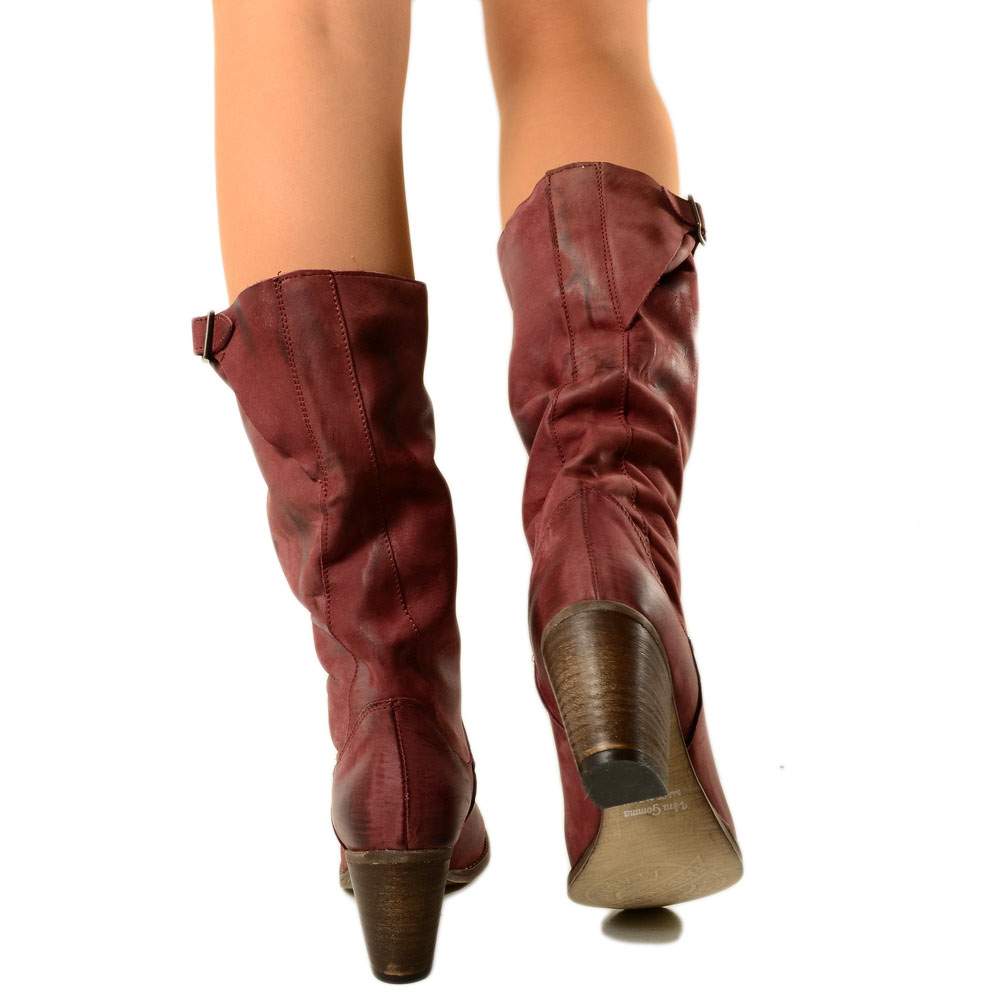 Stivali Biker con Tacco Medio Gambale in Vera Pelle Nabuk Bordeaux - 4