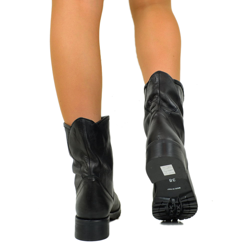 Women's Classic Black Biker Boots in Leather Made in Italy - 4