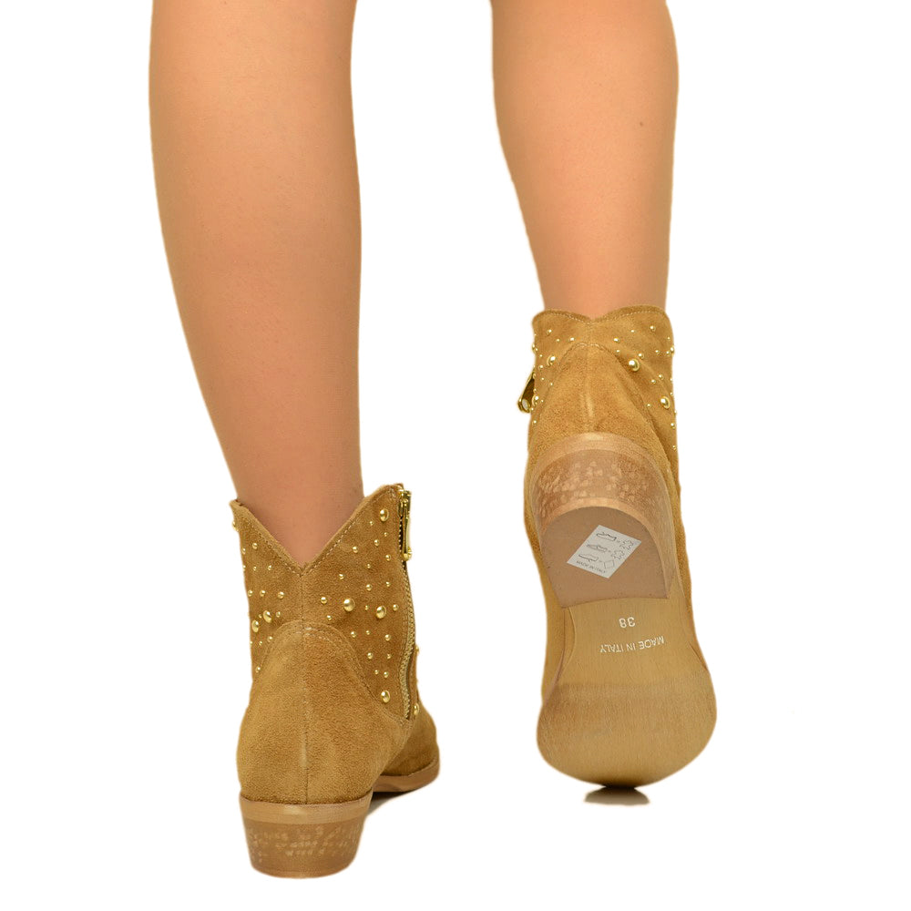 Beige Suede Texan Ankle Boots with Studs Made in Italy - 5
