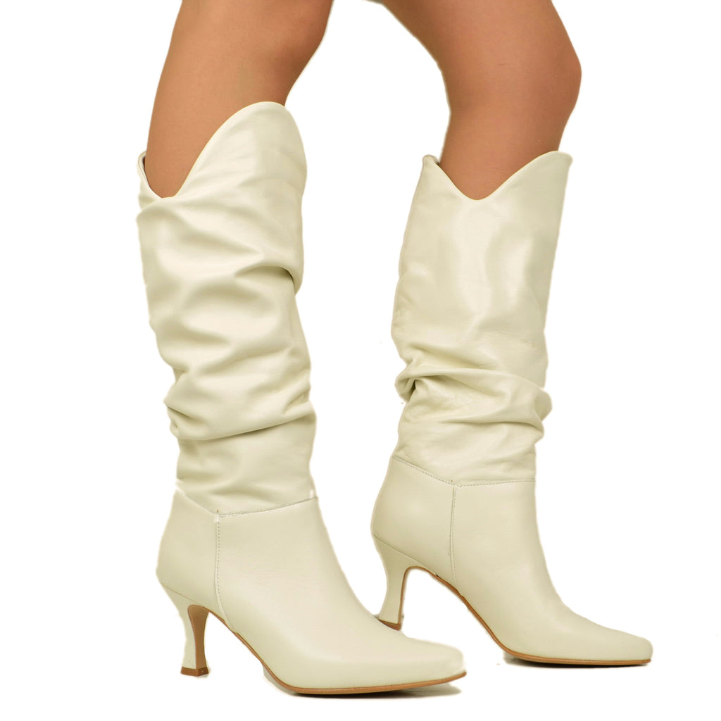 White Women's Boots with Spool Heel in Leather Made in Italy - 4