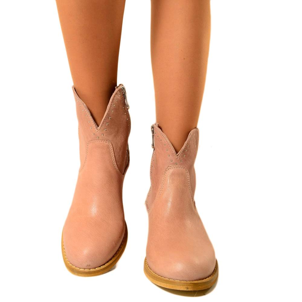 Rosafarbene Texan-Stiefeletten aus Leder mit Nieten, hergestellt in Italien - 3
