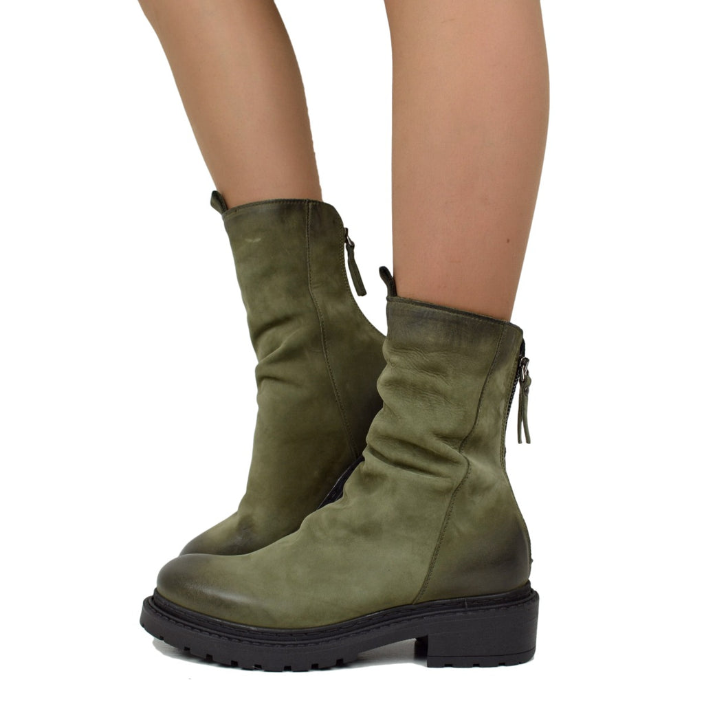 Damen-Biker-Stiefeletten mit Reißverschluss aus grünem Nubukleder, hergestellt in Italien