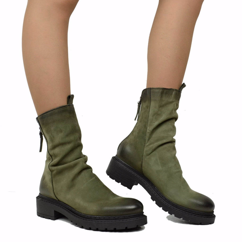 Damen-Biker-Stiefeletten mit Reißverschluss aus grünem Nubukleder, hergestellt in Italien - 4