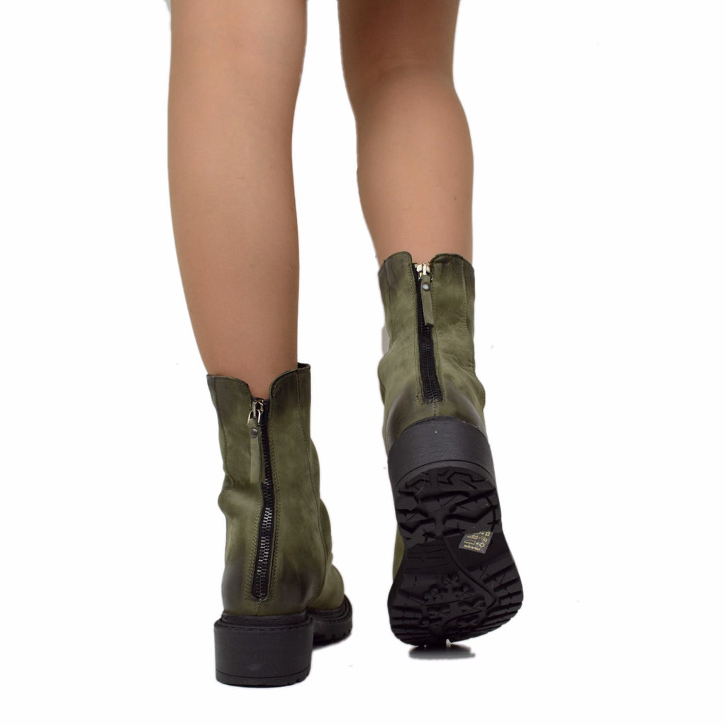 Damen-Biker-Stiefeletten mit Reißverschluss aus grünem Nubukleder, hergestellt in Italien - 5