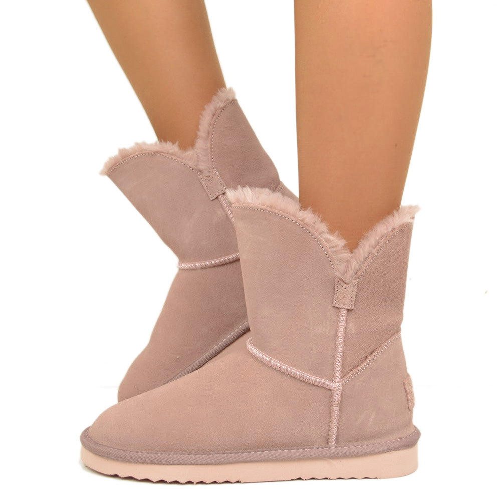 Warm Women's Ankle Boots with Fur in Pink Leather