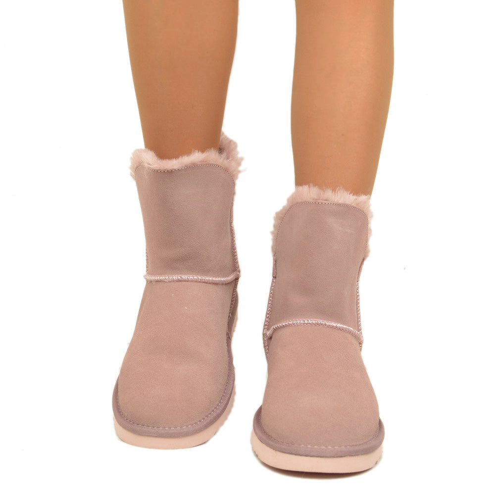Warm Women's Ankle Boots with Fur in Pink Leather - 2