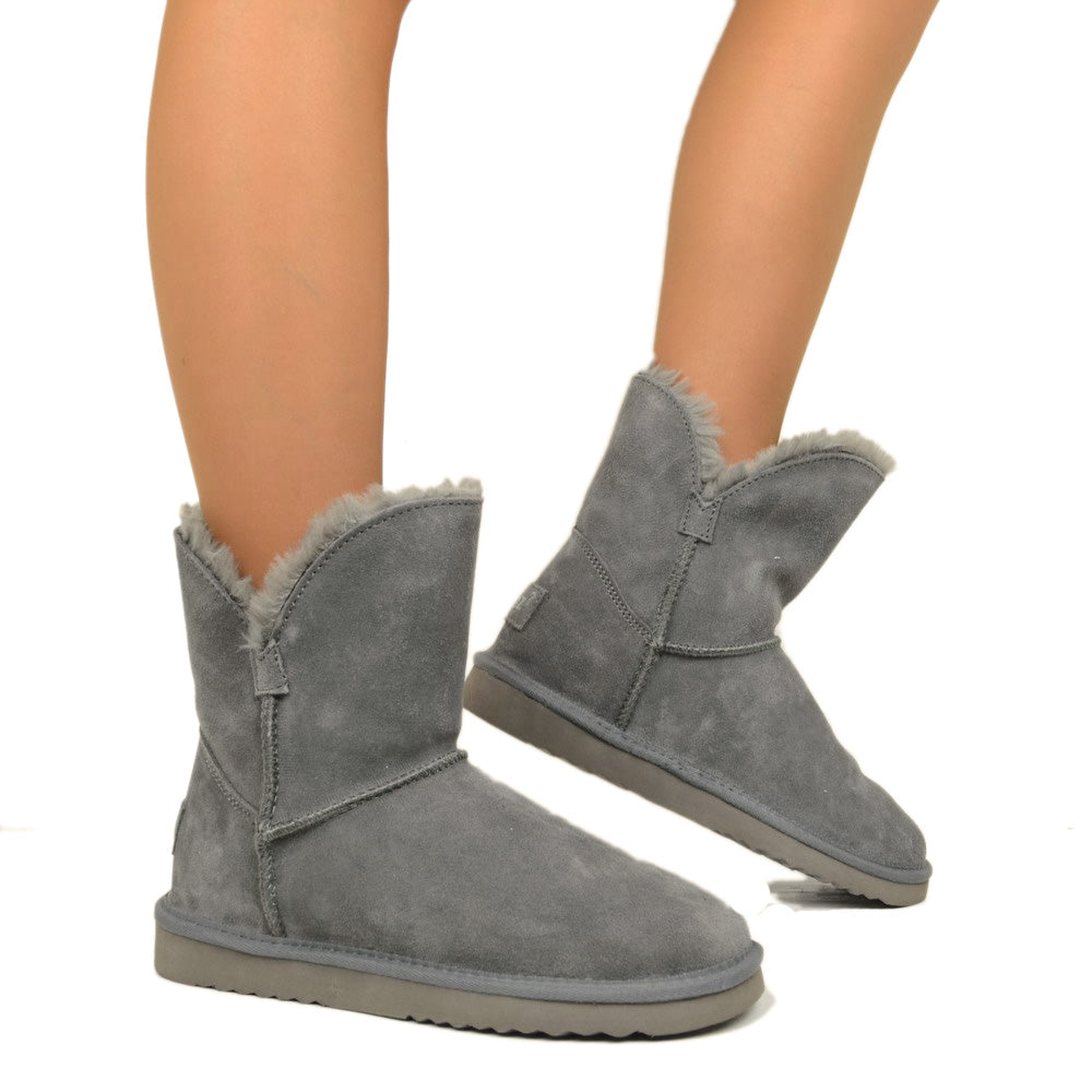 Stivaletti Donna Caldi con Pelo in Pelle Grigi - 3