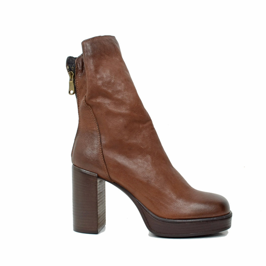 Damen-Stiefeletten aus braunem Leder mit Reißverschluss und Plateau, hergestellt in Italien - 2