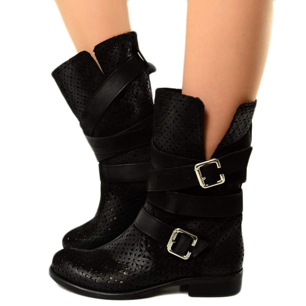 Women's Perforated Biker Boots in Black Nubuck Leather Made in Italy