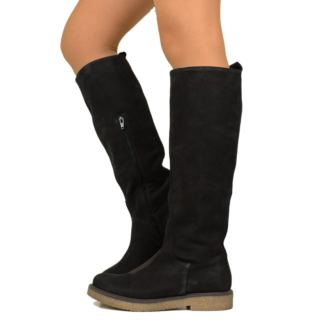 Camperos Black Women's Boots in Nubuck Leather with Zip Made in Italy