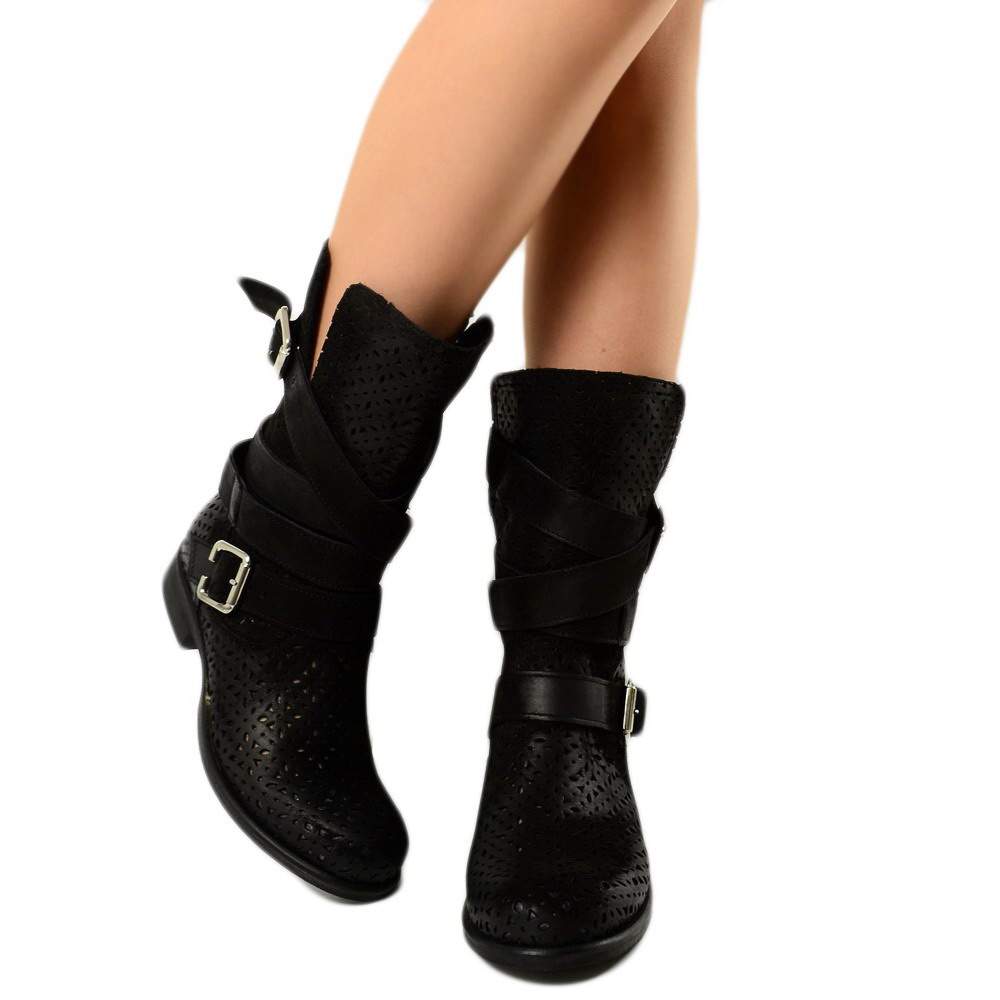 Women's Perforated Biker Boots in Black Nubuck Leather Made in Italy - 2