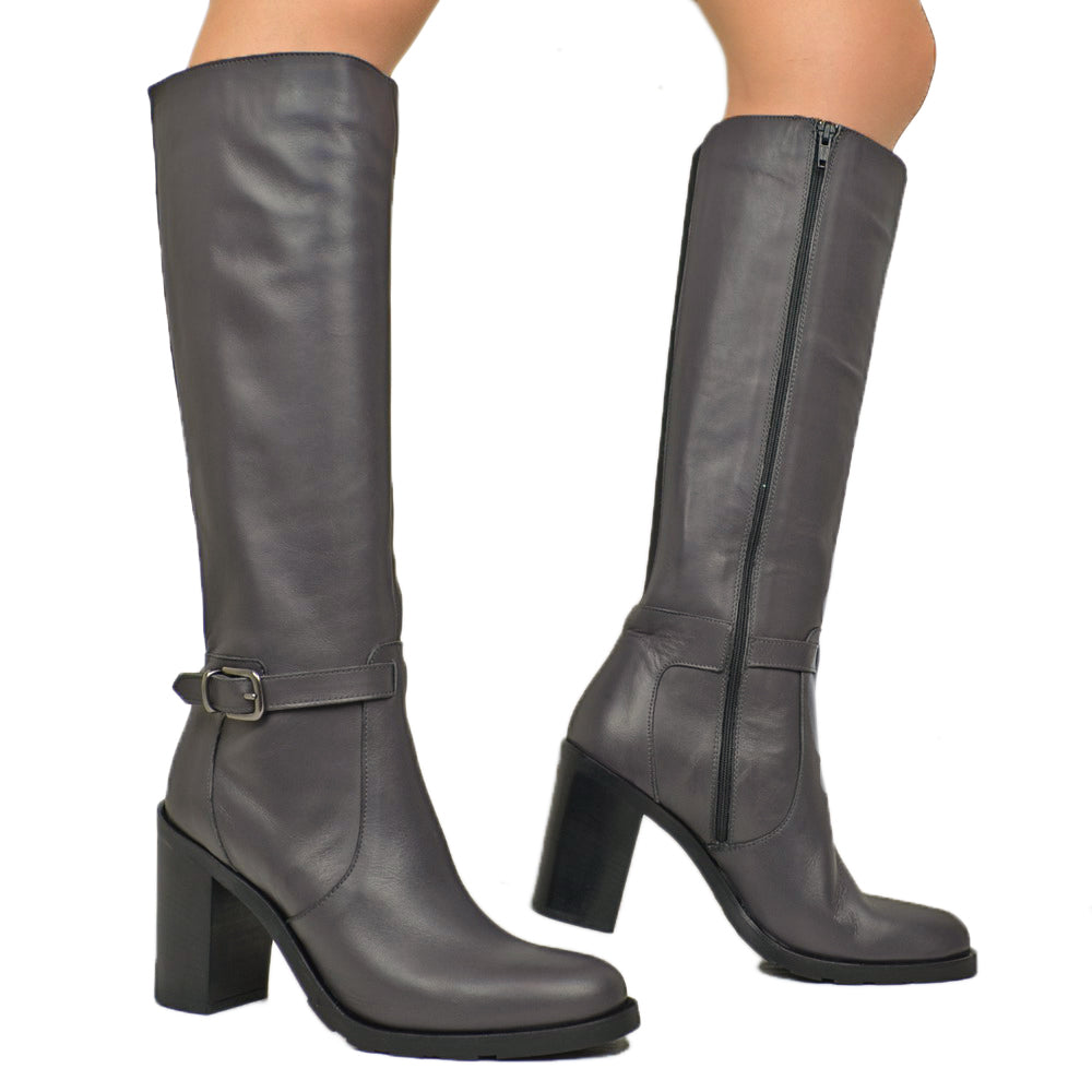 Stivali Donna Grigi in Pelle con Zip e Tacco Alto Made in Italy - 4