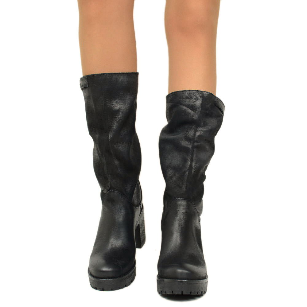 Women's Black Nubuck Leather Boots with Heel Made in Italy - 2