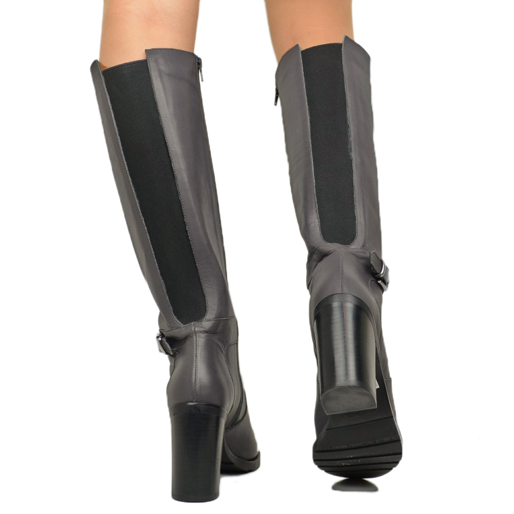 Stivali Donna Grigi in Pelle con Zip e Tacco Alto Made in Italy - 2
