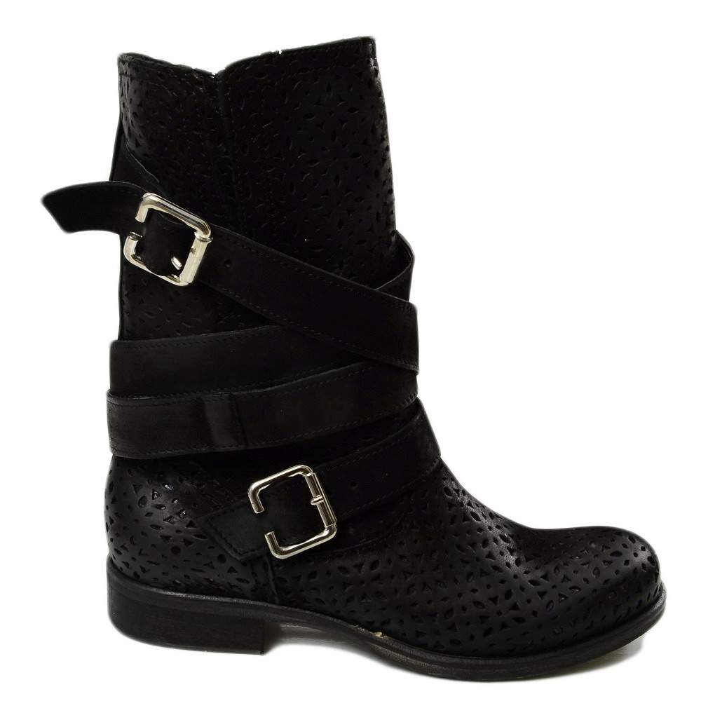 Women's Perforated Biker Boots in Black Nubuck Leather Made in Italy - 4