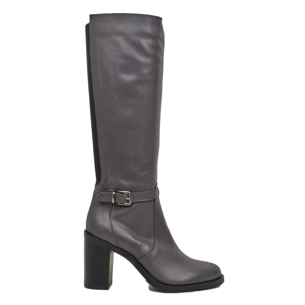 Stivali Donna Grigi in Pelle con Zip e Tacco Alto Made in Italy - 3