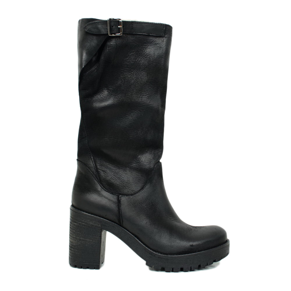 Women's Black Nubuck Leather Boots with Heel Made in Italy - 3