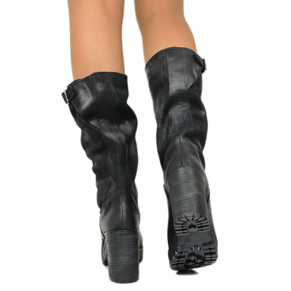 Women's Black Nubuck Leather Boots with Heel Made in Italy - 5