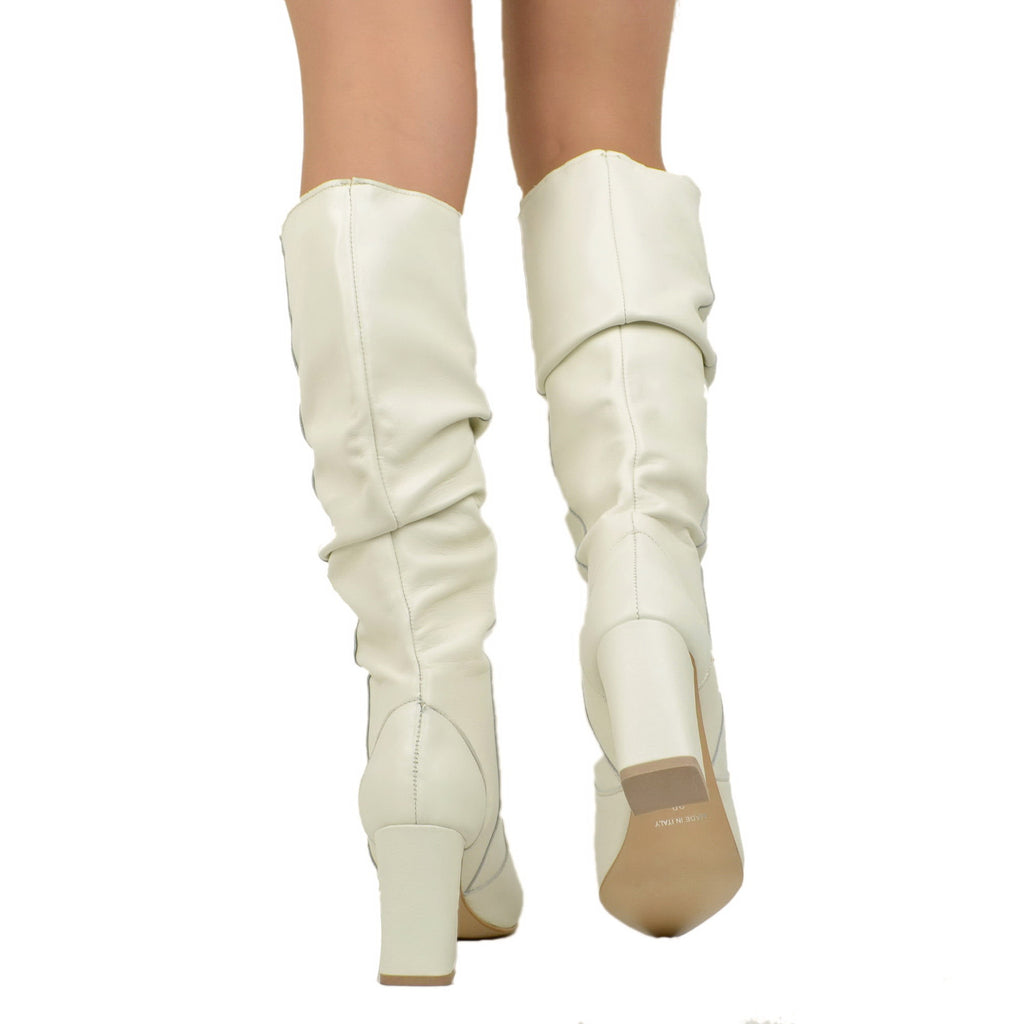 Cream Leather Boots with Pointed Toe Made in Italy - 4