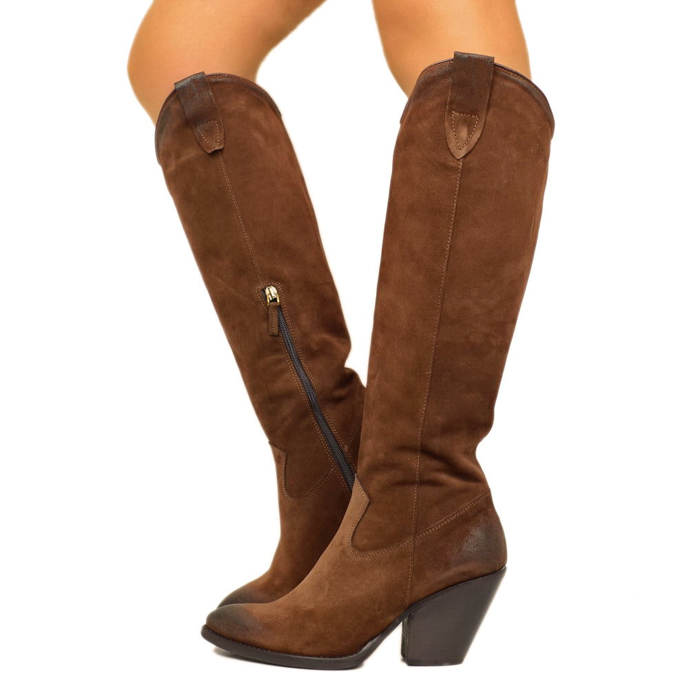 Damen-Texan-Stiefel aus braunem Wildleder mit Kegelabsatz und Reißverschluss