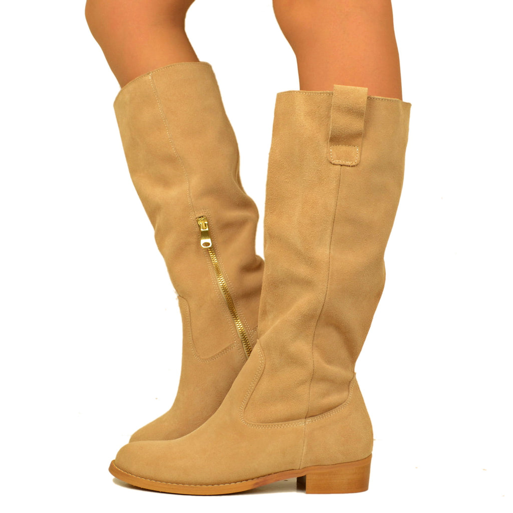 High Women's Boots in Beige Suede with Zip Made in Italy
