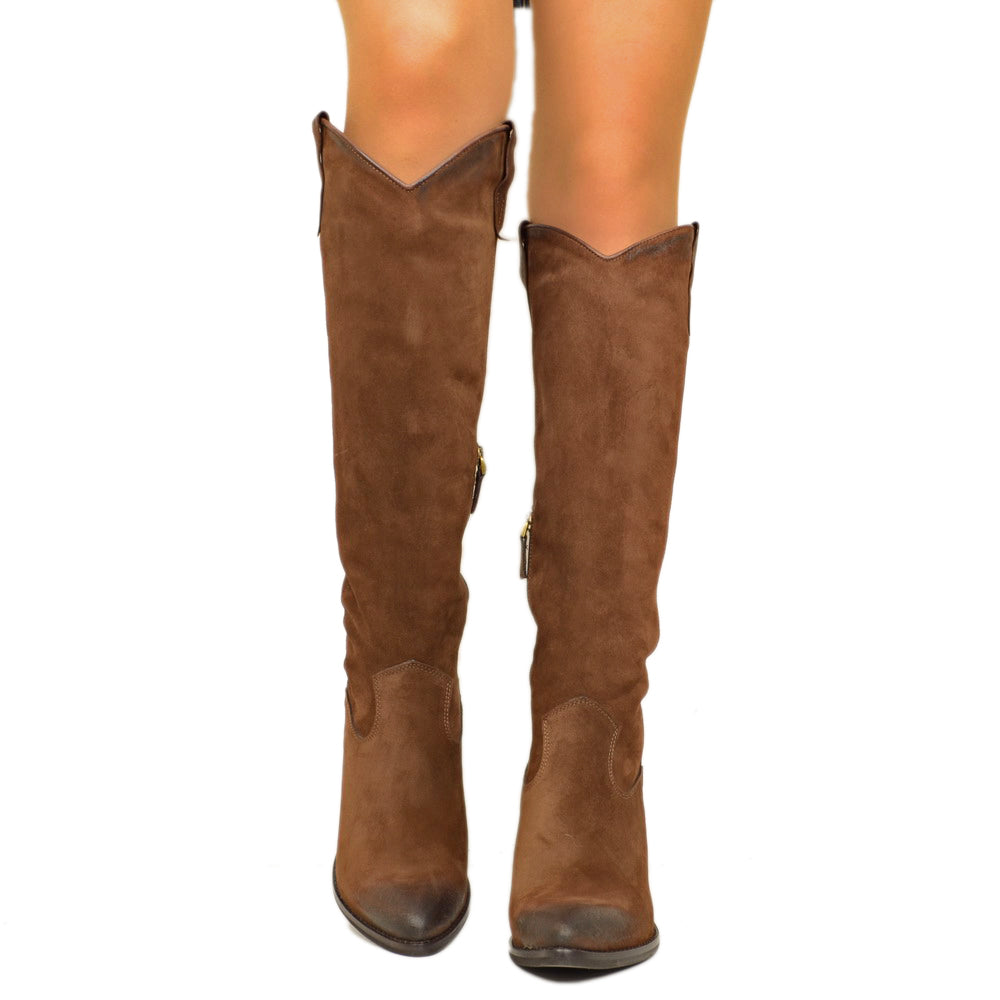 Women's Brown Suede Texan Boots Cone Heel with Zip - 4