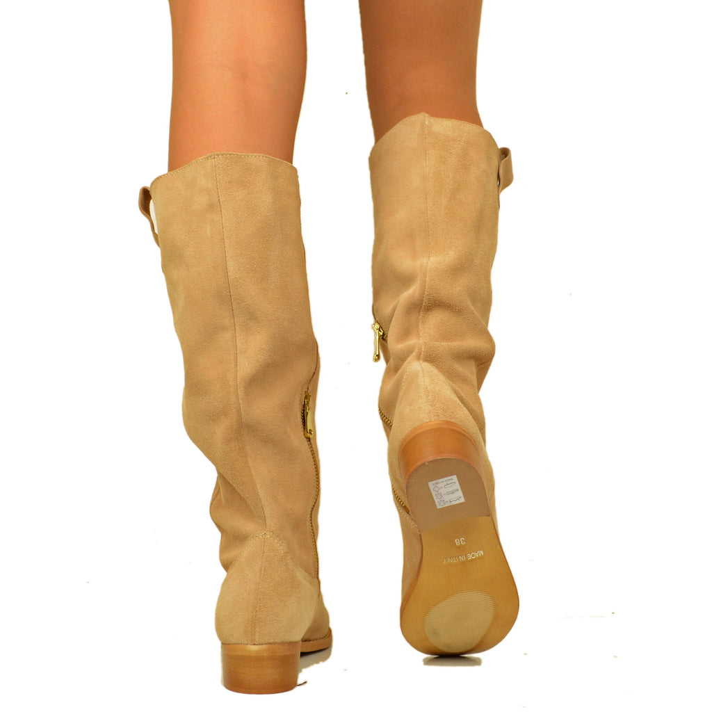 High Women's Boots in Beige Suede with Zip Made in Italy - 5