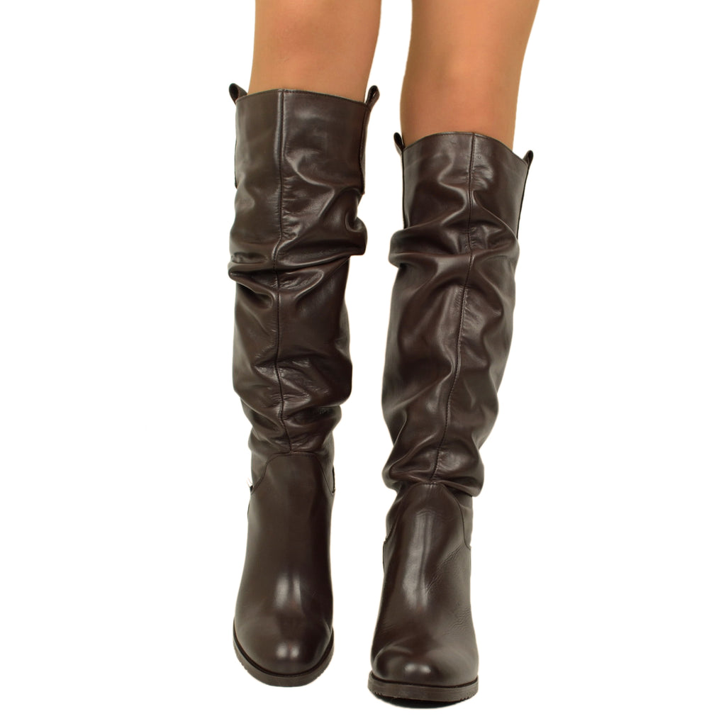Women's Tall Dark Brown Leather Boots with High Heels - 3