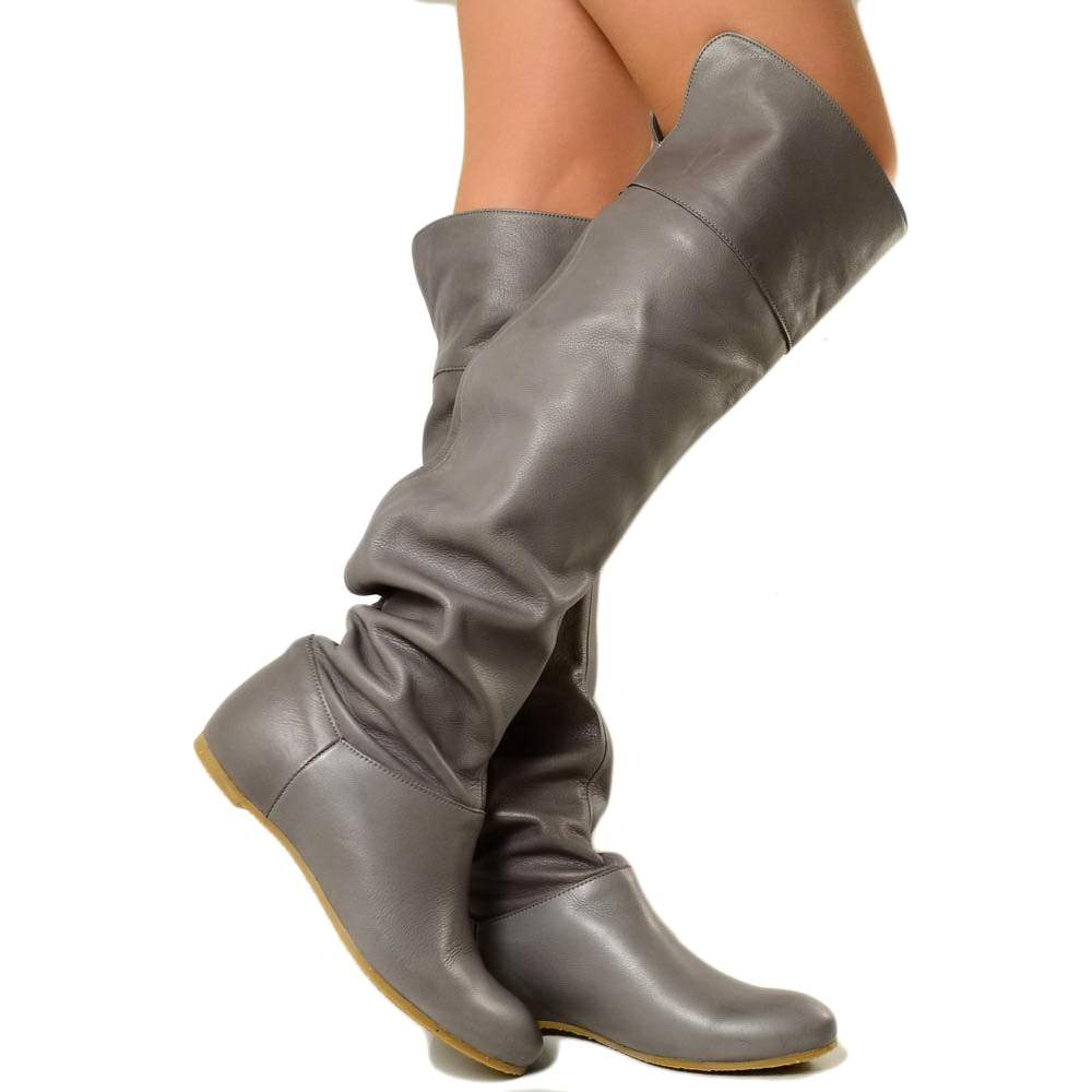 Cuissardes Knee Boots with Gray Leather Cuff - 7